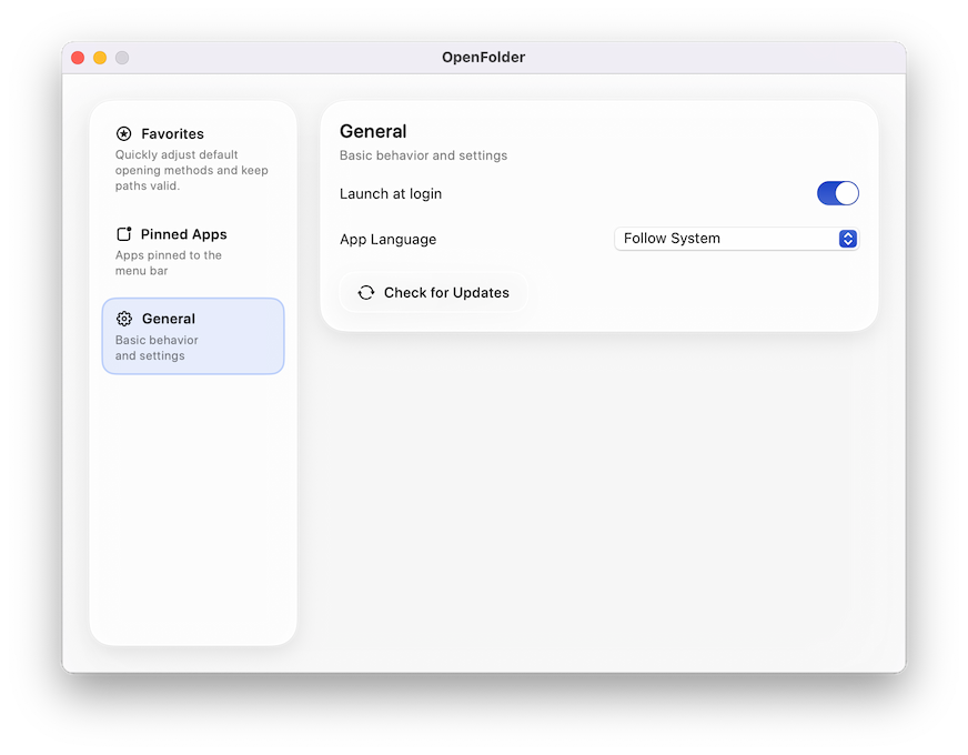 OpenFolder preferences window